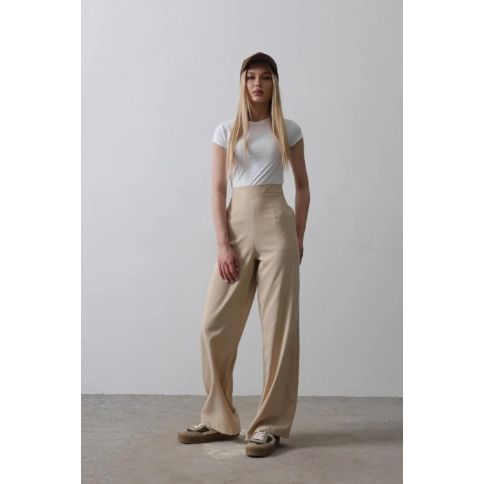 Biçomi Beli Yarım Lastikli Palazzo Pantolon - Camel