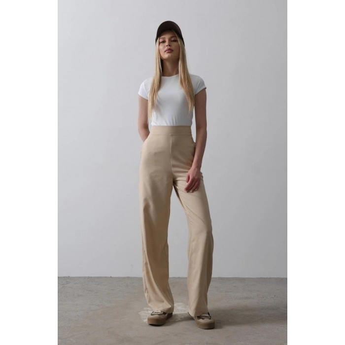 Biçomi Beli Yarım Lastikli Palazzo Pantolon - Camel