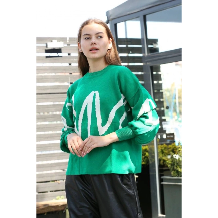 BİÇOMİ Beyaz çizgili bisiklet yaka kazak yeşil