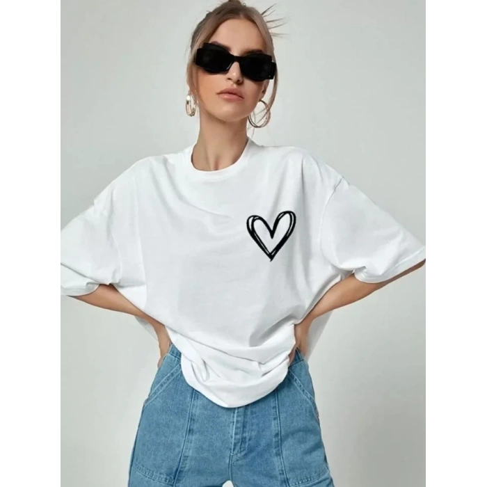 Biçomi Bisiklet Yaka Baskılı Oversize T-Shirt - Beyaz