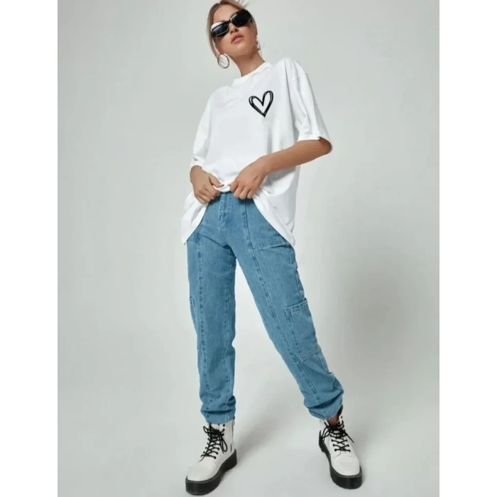 Biçomi Bisiklet Yaka Baskılı Oversize T-Shirt - Beyaz