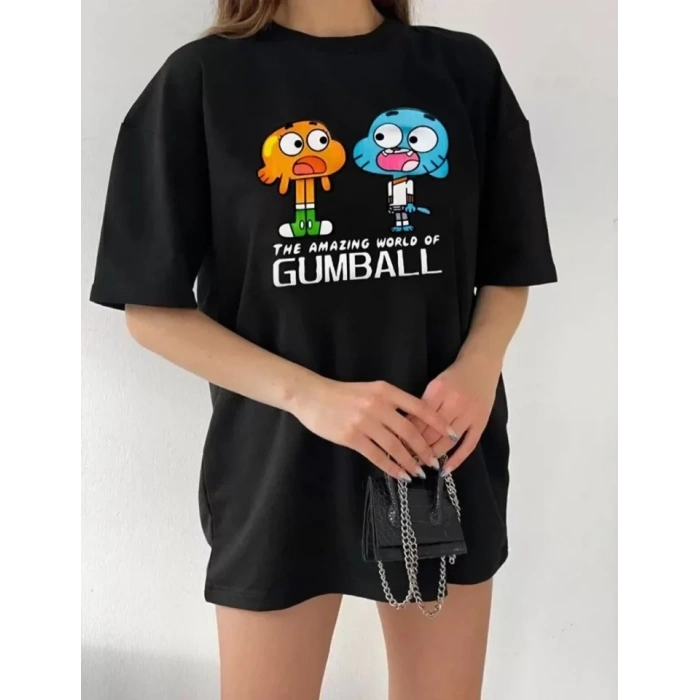 Biçomi Bisiklet Yaka Baskılı Oversize T-Shirt - Siyah