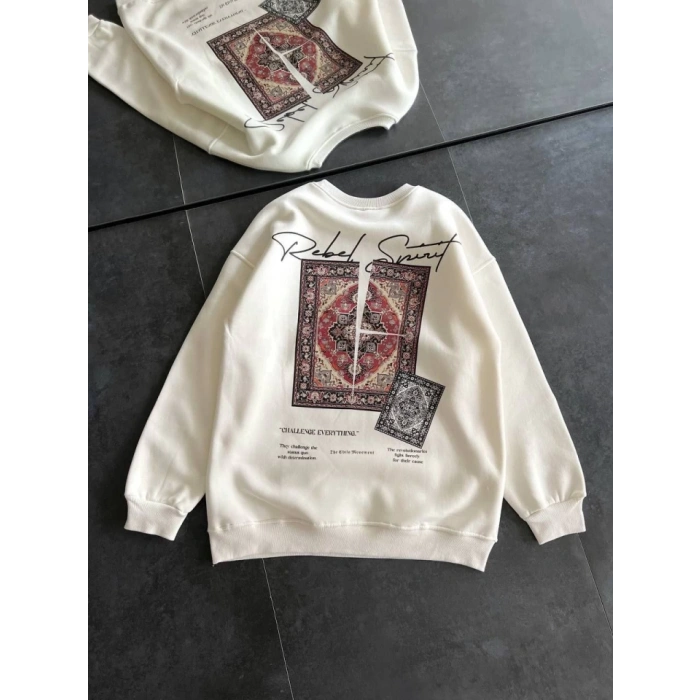 Biçomi Bisiklet Yaka Baskılı SweatShirt - Beyaz