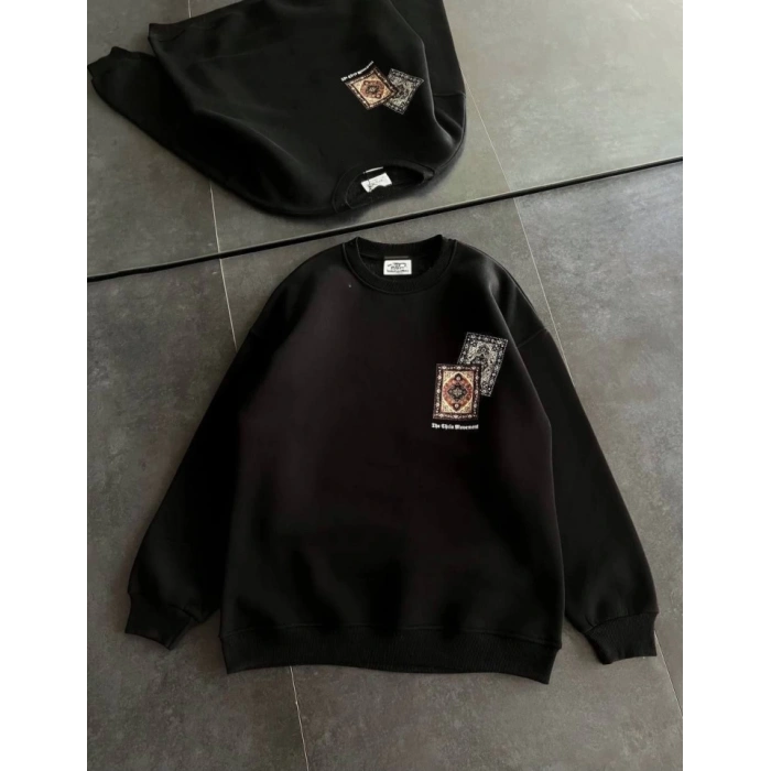 Biçomi Bisiklet Yaka Baskılı SweatShirt - Siyah