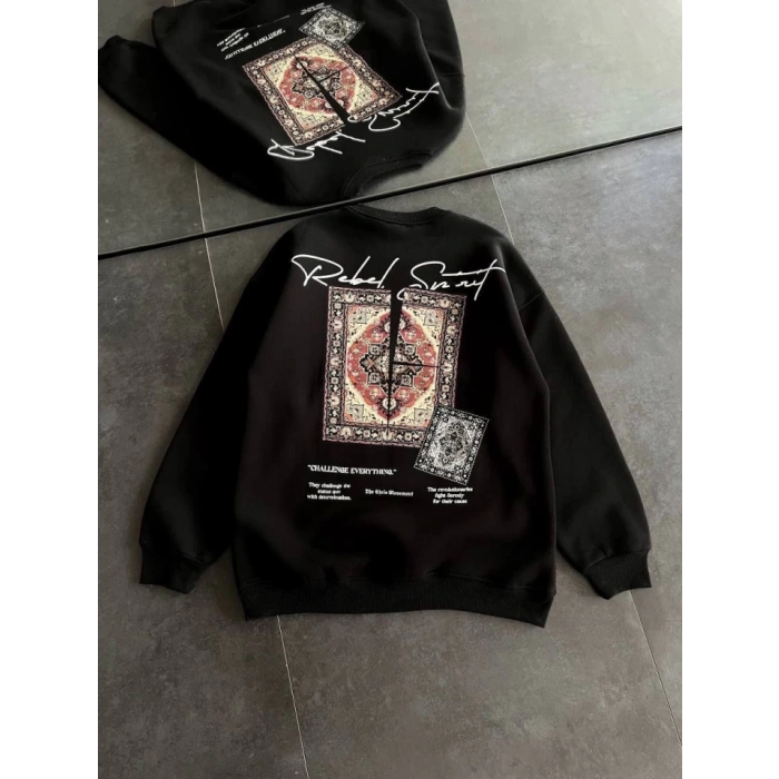 Biçomi Bisiklet Yaka Baskılı SweatShirt - Siyah