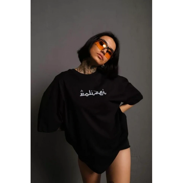 Biçomi Bisiklet Yakalı Sırt Baskılı Oversize T-Shirt - Siyah