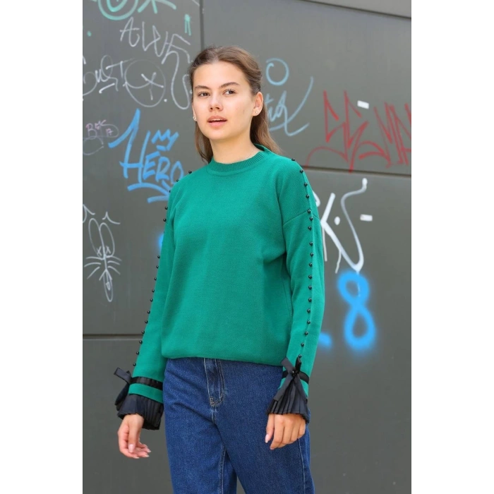 BİÇOMİ Boncuklu bile detaylı kazak petrol yeşili