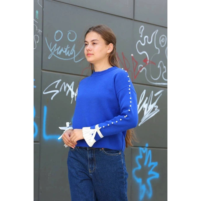 BİÇOMİ Boncuklu bile detaylı kazak saks mavisi