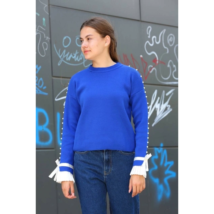 BİÇOMİ Boncuklu bile detaylı kazak saks mavisi