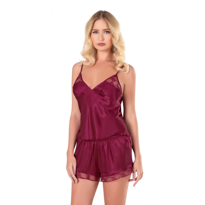 Bicomi Bordo Saten Babydoll Şort Takımı