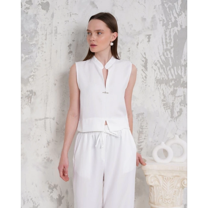 BİÇOMİ Broşlu yelek pantolon takım beyaz s255821