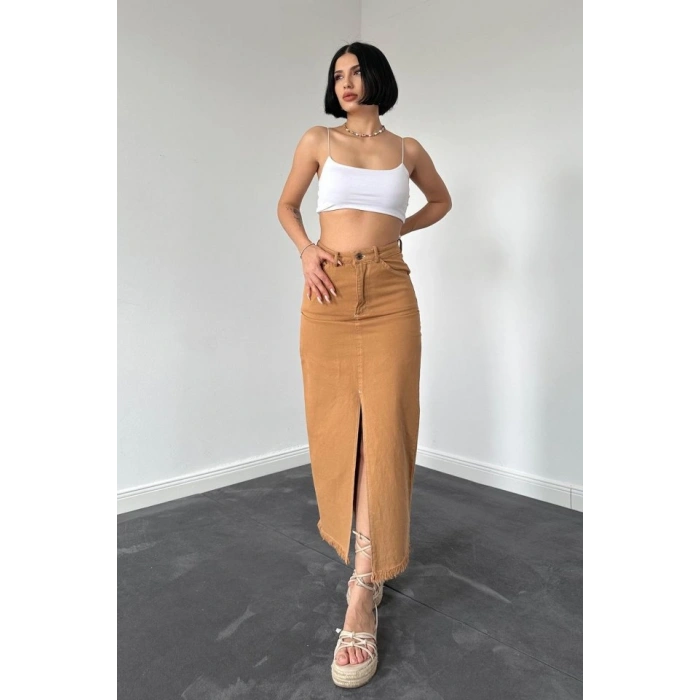 Biçomi Camel Gabardin Boyamalı Püsküllü Etek