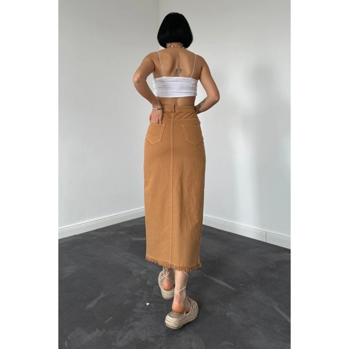 Biçomi Camel Gabardin Boyamalı Püsküllü Etek