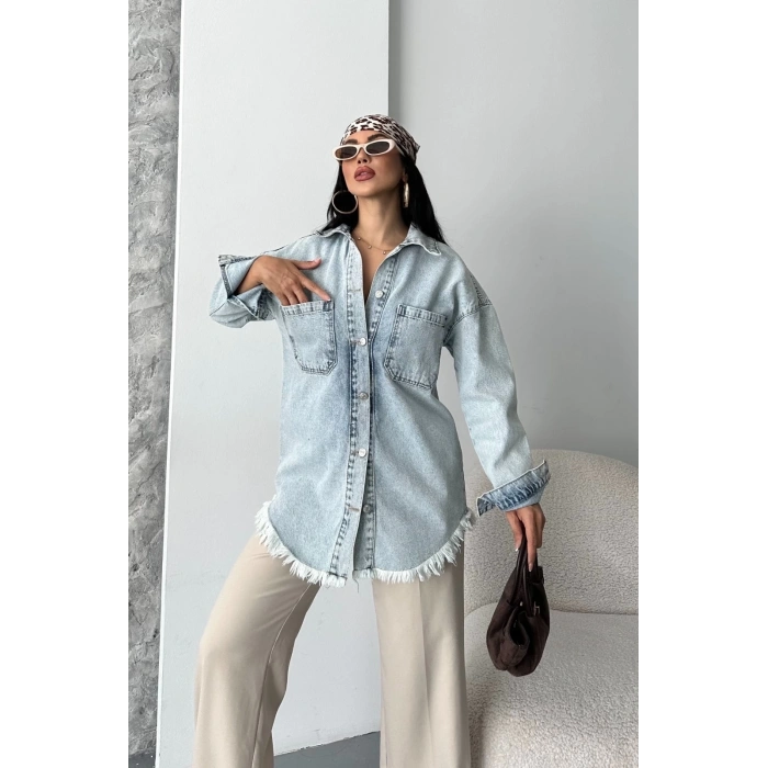 BİÇOMİ Cepli püsküllü kar yıkama kot ceket mavi d2515