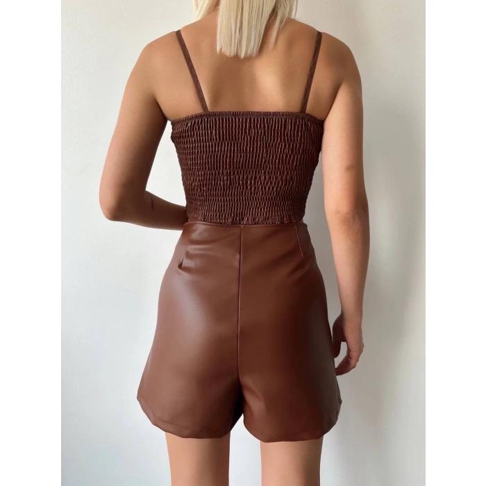 BİÇOMİ Çift fermuarlı deri şort kahve h24394