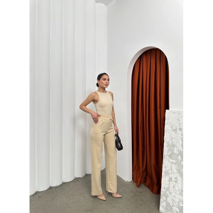 BİÇOMİ Cırtlı pantolon krep bej pt