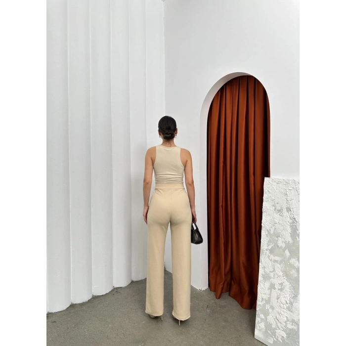 BİÇOMİ Cırtlı pantolon krep bej pt