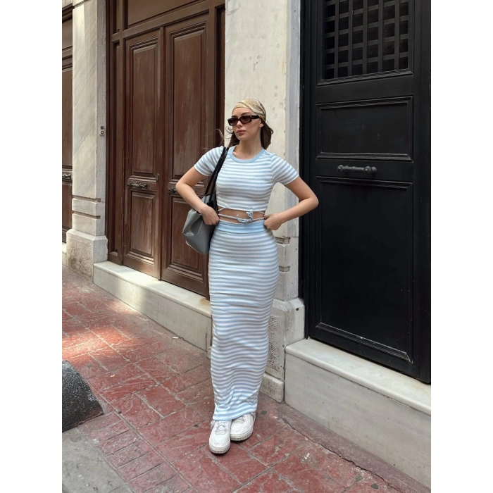 BİÇOMİ Çizgili etekli takım mavi s3609