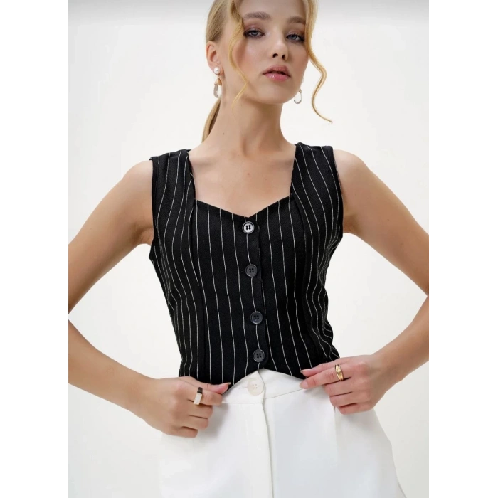 BİÇOMİ Çizgili krep düğmeli yelek siyah s3395