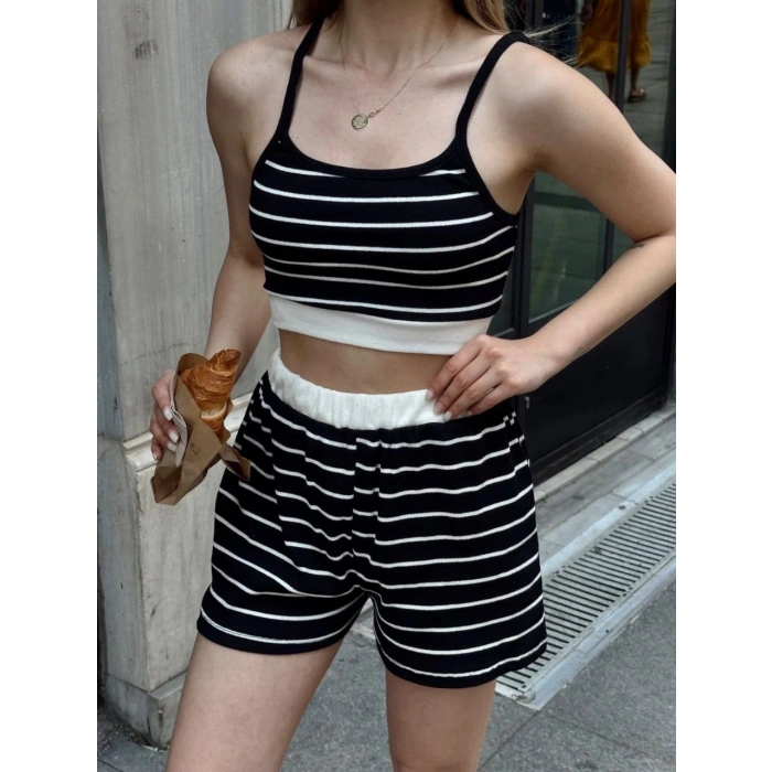 BİÇOMİ Çizgili şortlu takım siyah s3978