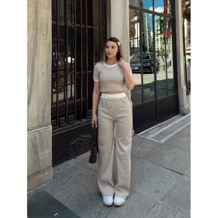 BİÇOMİ Crop pantolon biyeli takım bej