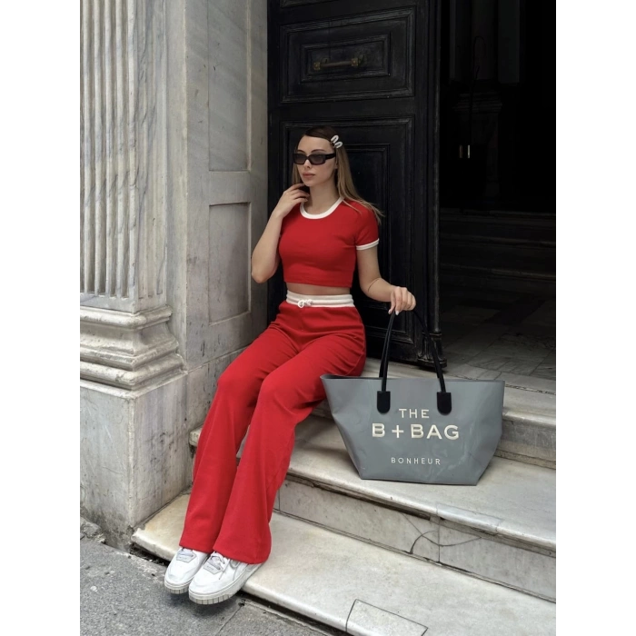 BİÇOMİ Crop pantolon biyeli takım kırmızı