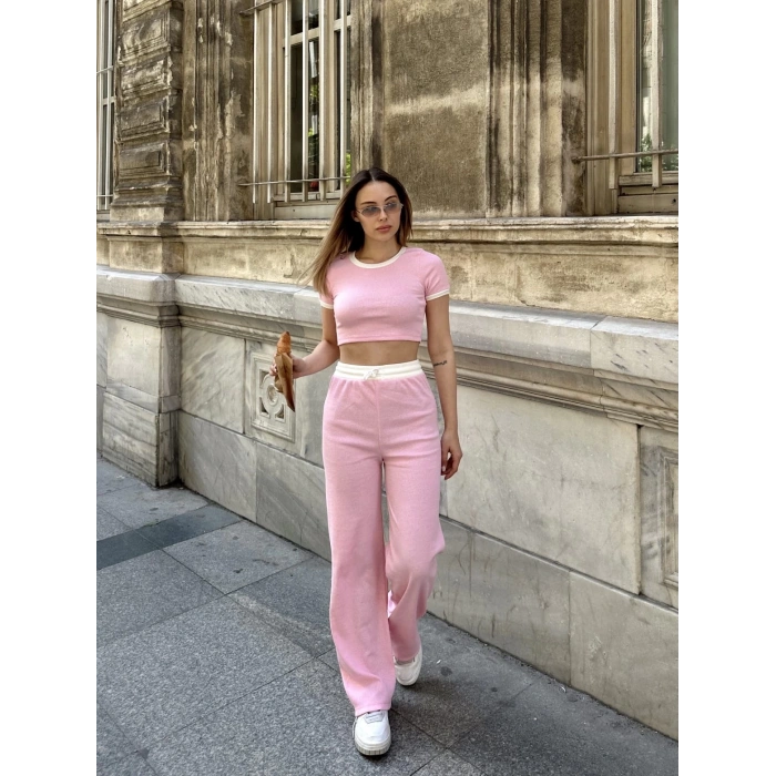 BİÇOMİ Crop pantolon biyeli takım pembe