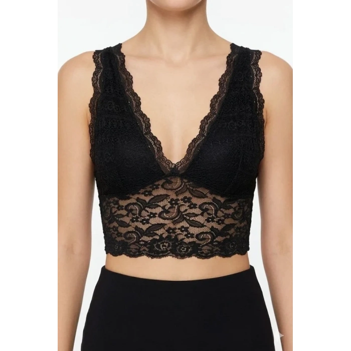 Biçomi Dantel Bralet Crop Sütyen V Yaka Askılı Şık Esnek Rahat - Siyah