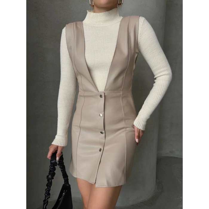 BİÇOMİ Deri jile elbise bej w24796