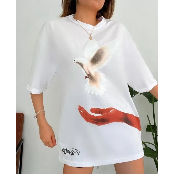 Biçomi Dijital Baskılı T-Shirt - Beyaz