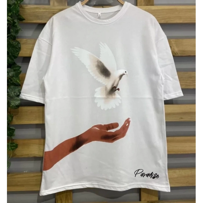 Biçomi Dijital Baskılı T-Shirt - Beyaz