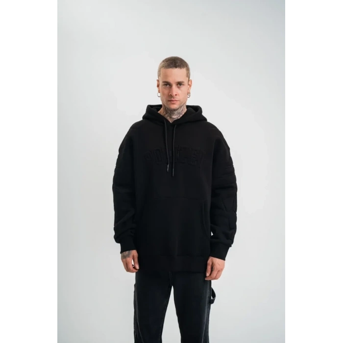 Biçomi Double Oversize Kapşonlu Nakışlı SweatShirt - Siyah