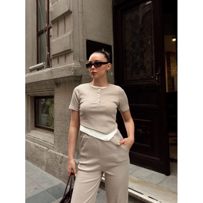 BİÇOMİ Düğme yakalı bej alt üst takım s3943