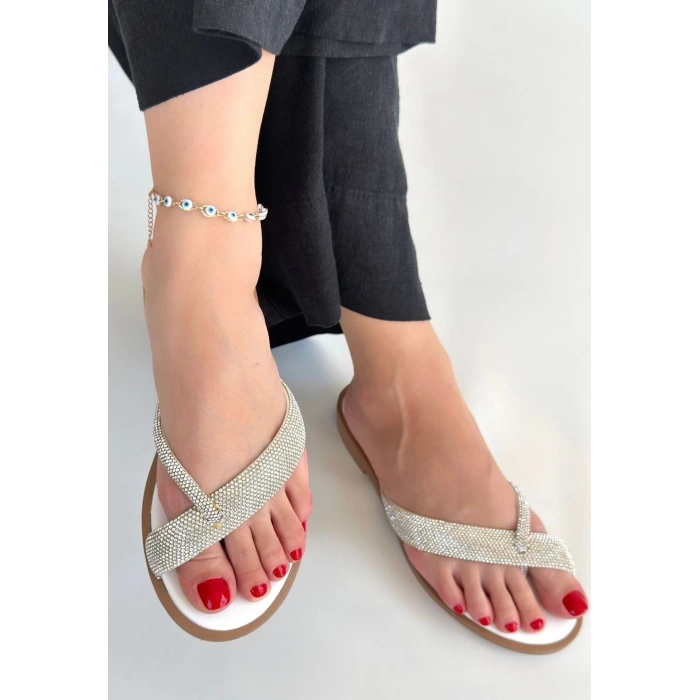 BİÇOMİ Eday Gümüş Boncuk İşlemeli Terlik