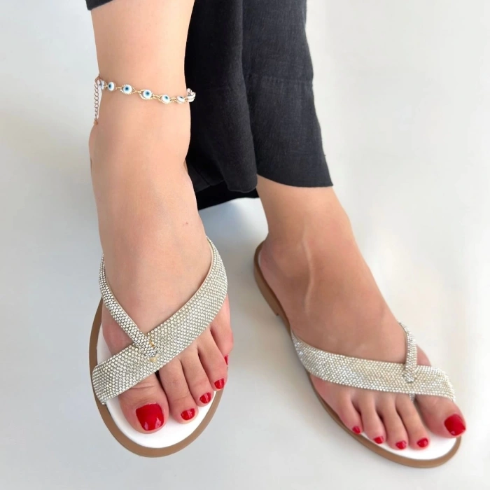 BİÇOMİ Eday Gümüş Boncuk İşlemeli Terlik