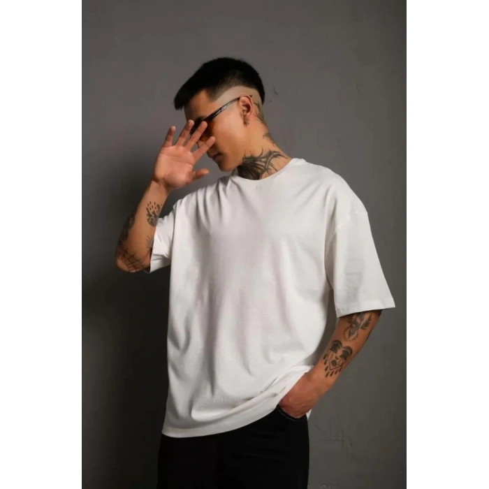 Biçomi Erkek 24/1 Düz A Kalite Oversize T-shirt - Beyaz