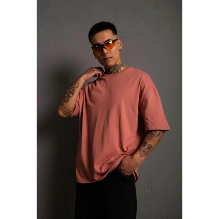 Biçomi Erkek 24/1 Düz A Kalite Oversize T-shirt - Gül Kurusu