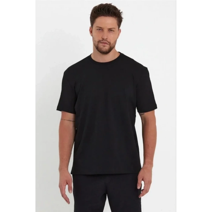 Biçomi Erkek 24/1 Düz A Kalite Oversize T-shirt - Siyah