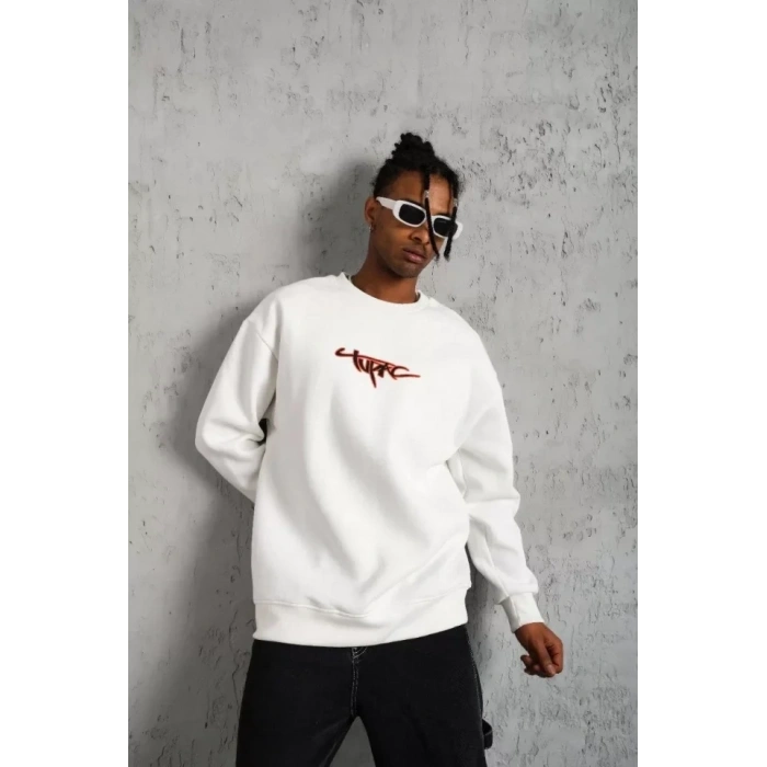 Biçomi Erkek 3 İplik Gangster Baskılı Sweatshirt - Beyaz