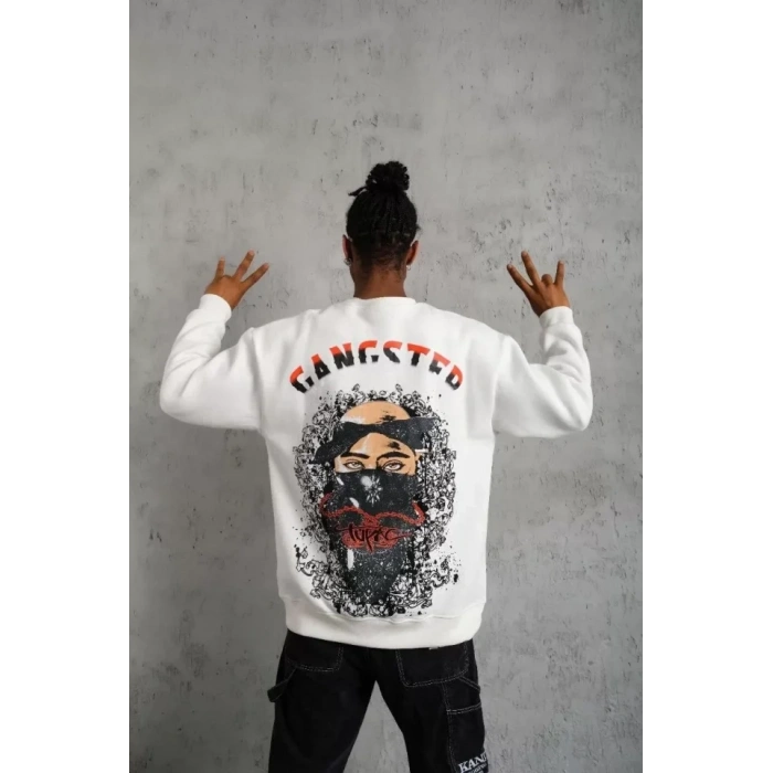 Biçomi Erkek 3 İplik Gangster Baskılı Sweatshirt - Beyaz