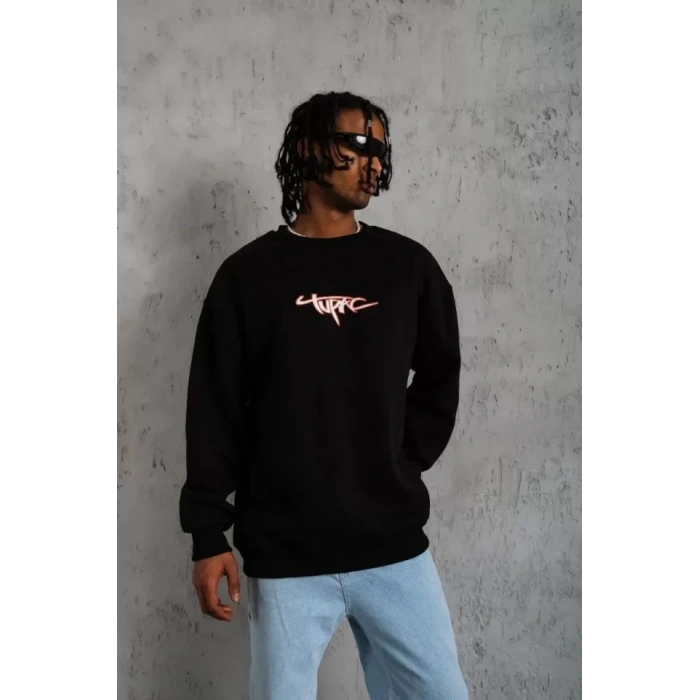 Biçomi Erkek 3 İplik Gangster Baskılı Sweatshirt - Siyah