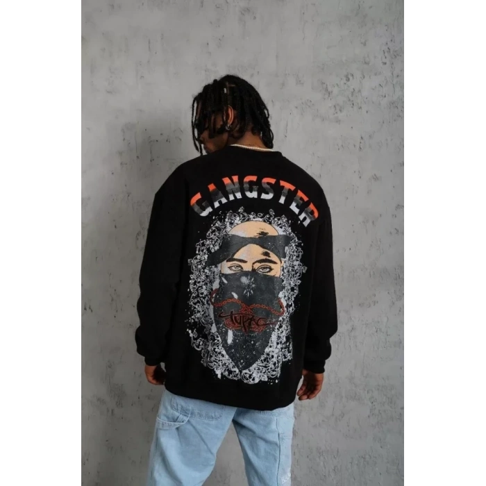 Biçomi Erkek 3 İplik Gangster Baskılı Sweatshirt - Siyah
