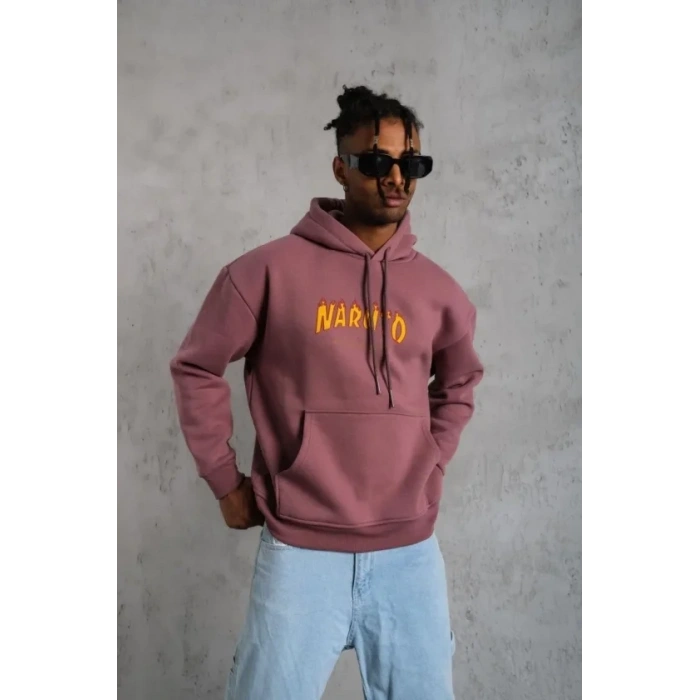 Biçomi Erkek 3 İplik Pamuklu Kapüşonlu Baskılı Cepli Oversize Sweatshirt Hoodie - Gül Kurusu