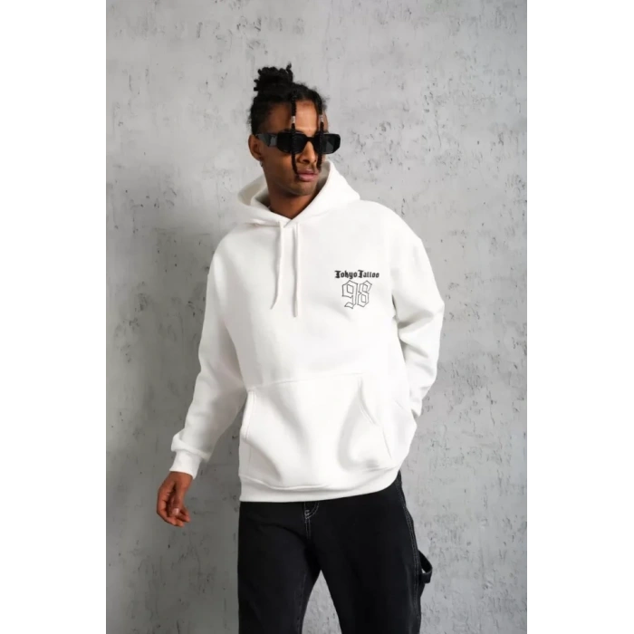 Biçomi Erkek 98 Baskılı Kapşonlu Sweat - Beyaz
