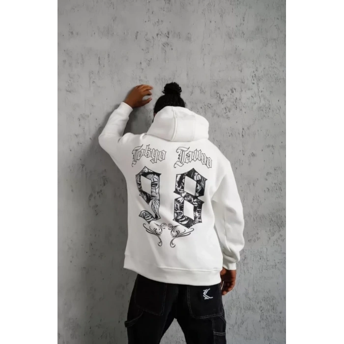 Biçomi Erkek 98 Baskılı Kapşonlu Sweat - Beyaz