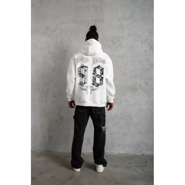 Biçomi Erkek 98 Baskılı Kapşonlu Sweat - Beyaz
