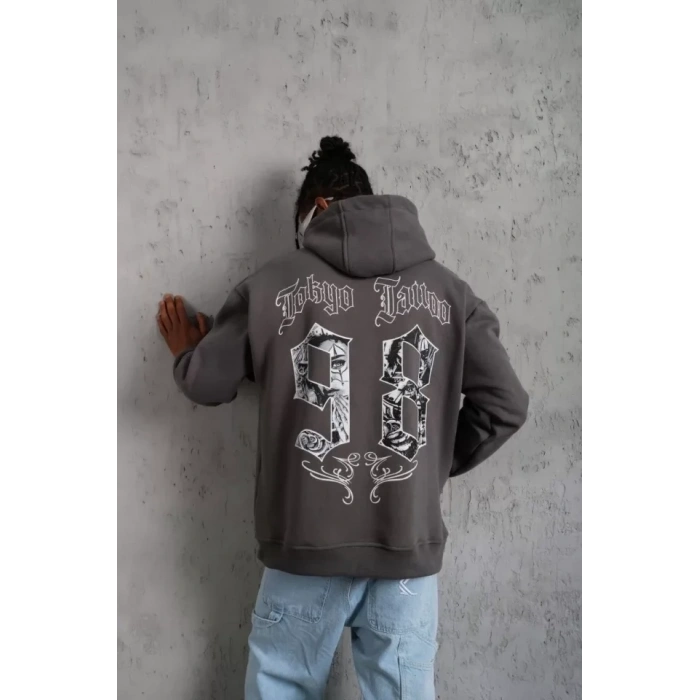 Biçomi Erkek 98 Baskılı Kapşonlu Sweat - Gri