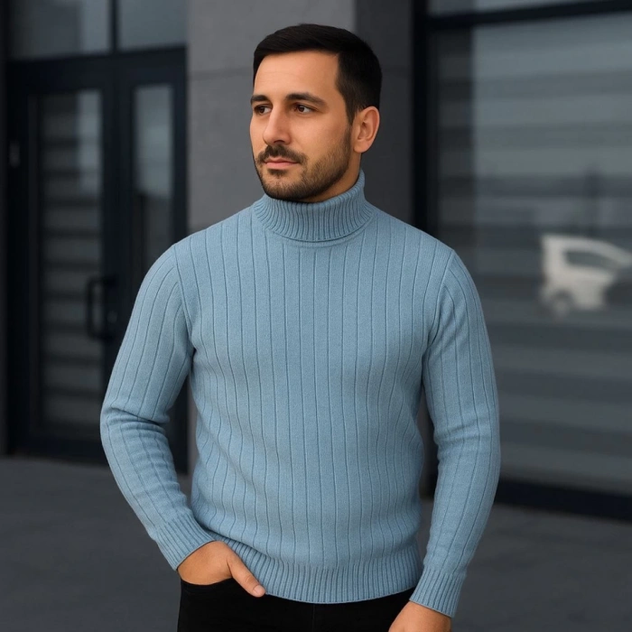 Biçomi Erkek Balıkcı Yaka Bağazlı Triko Kazak Pamuklu Kalın Fitilli Dokuma, Regular Fit Uzun Kollu Kışlık Model - Bebe Mavisi