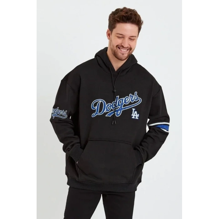 Biçomi Erkek Baskılı Kapşonlu Üç Iplik Oversize Sweatshirt - Siyah