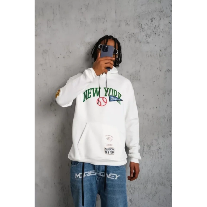 Biçomi Erkek Baskılı Kapüşonlu Sweatshirt - Beyaz